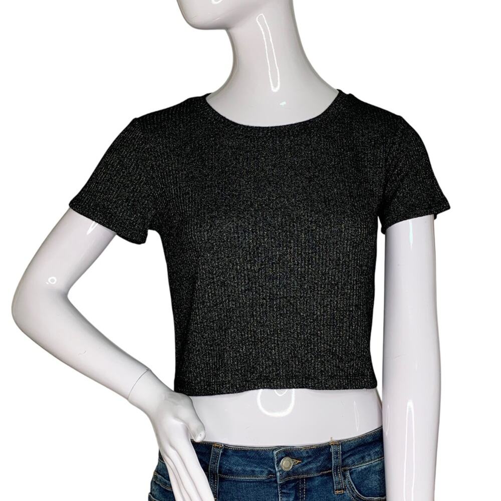 Forever 21 Ribbed Knit Crop Top Short Sleeve Black Marled White Size S